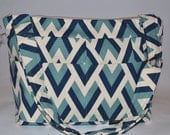 Slouch Bag / Messenger Purse / Upholstery weight Decorator fabrics / Denim Blue and Navy / cross body strap / zipper