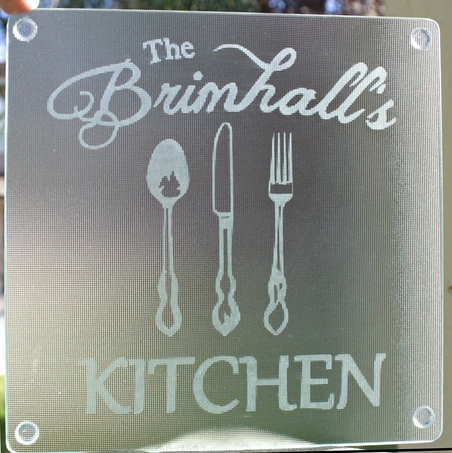 Custom Etched Glass Kitchen Cutting Board 8"square. Gift for Mom,Sister,Grandma,Vintage silverware,House Warming Gift