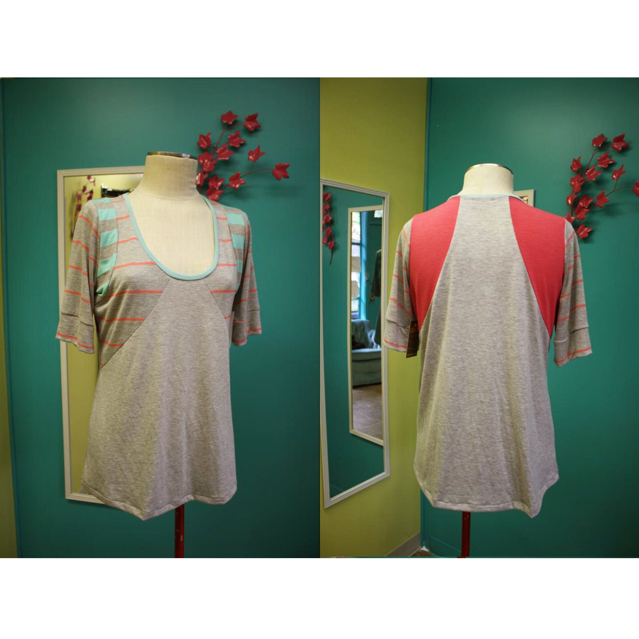 Gray Pink Aqua Blue Striped Color Block Shirt  - Size Extra Large