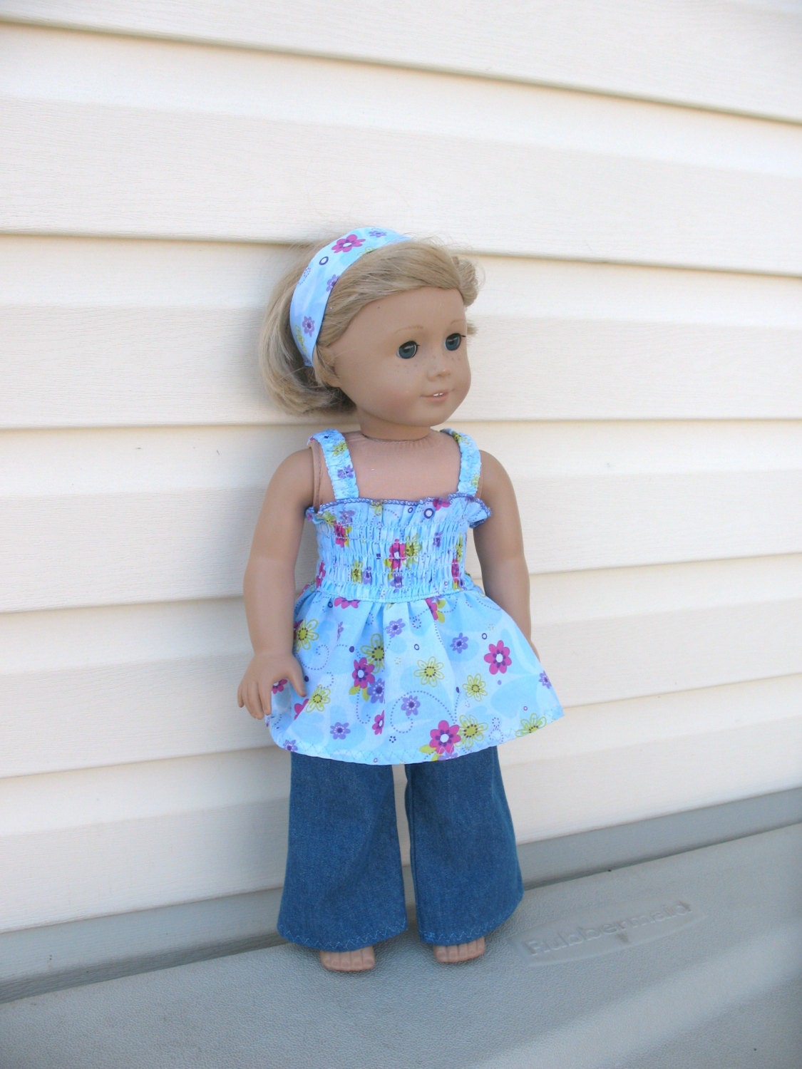 Doll Clothes for American Girl Dolls or Most Other 18 Inch Dolls, Light Blue Pink and Green Flower Shirred Smocked Halter Shirt Outfit