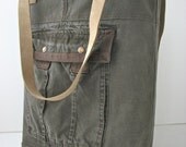 Rustic Tote Bag in Upcycled Khaki Canvas with Suede Leather Straps - ready to ship