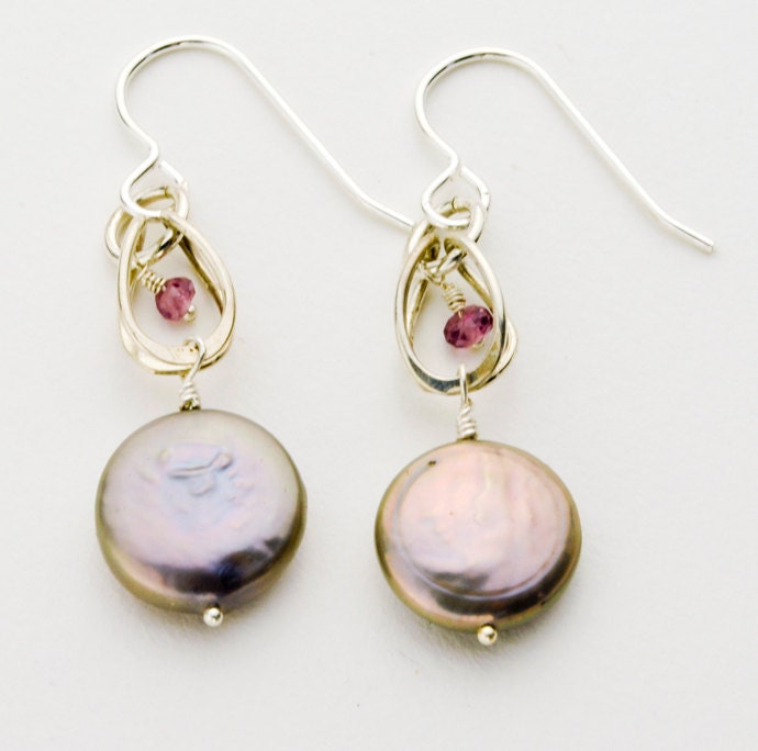 Coin Pearl Dangle Earring in Sterling Silver with Rhodolite Garnet