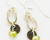 Open Wire Dangle Earrings with Bronze Drop and Green Pearl