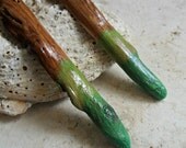 Dip Dyed Knotty Oak Dangle Earrings - One of a Kind - Spring Fashion - Green Dyed Wood Jewelry