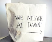 Tote Bag Black White Hand Painted Recycled Cotton funny humor shoulder bag mens arrow attack at dawn