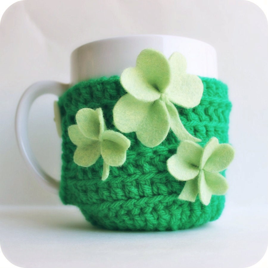 Shamrock coffee cozy mug cozy tea cup emerald green crochet handmade cover St Patricks Day