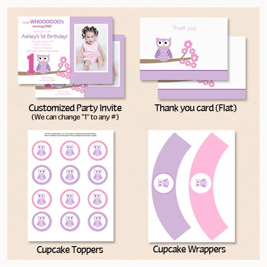 Purple Owl Girl Birthday PRINTABLE Party Package including Invitation, Thank you note and more JPG Digital Files