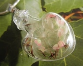 Ride The Wind-Love Is In The Air-Dandelion Seeds, Pink Hearts-Heart Shaped Glass Reliquary Pendant-Symbolizes Faithfulness