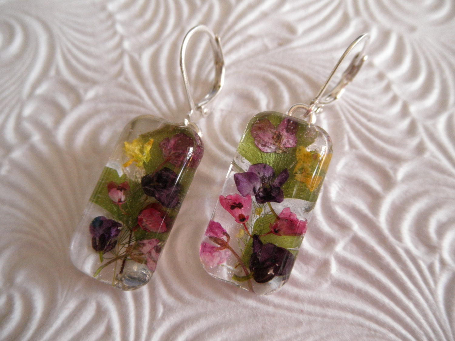 Hello Summer-Purple & Yellow Alyssum, Pink Heather, Ferns Pressed Flower Glass Earrings-Symbolizes Admiration, Worth Beyond Beauty