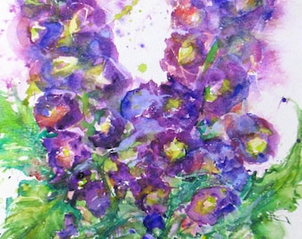 abstract garden floral delphiniums original watercolor painting landscape 11 x 15 fine art