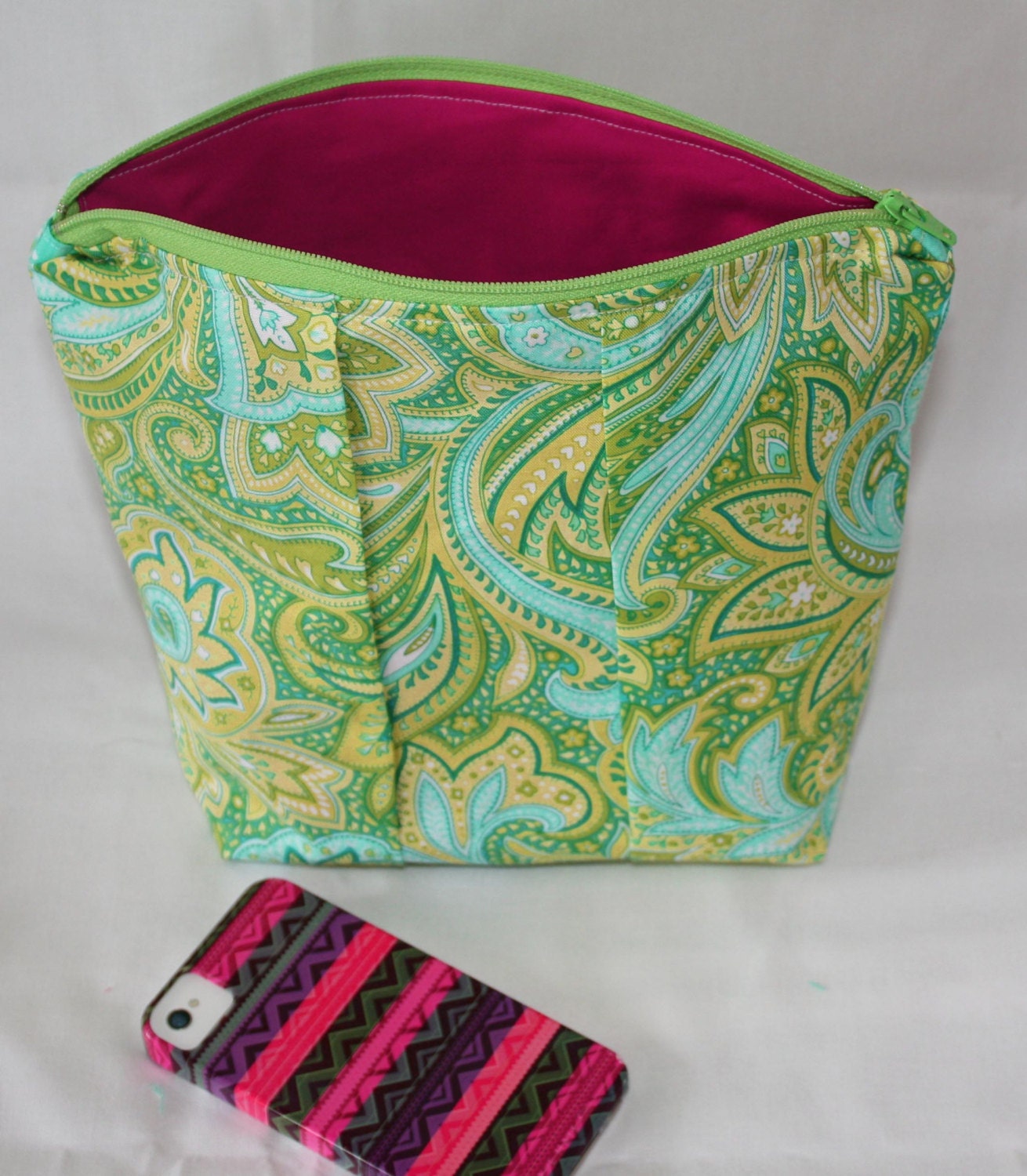 Green and Aqua Paisley Pleated Zipper Pouch