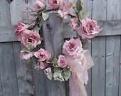 Rose Wreath, dusty pink with Shabby tea stained lace and crinkle ribbon bow, 16in W, Mothers Day, Porch decor, French country, Weddings