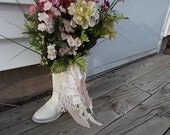 Western Boot Floral arrangement, Wedding decor, table top, door stop, spring colors, shabby lace trims