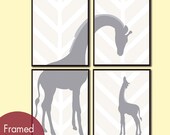 Momma and Baby Giraffe (Series B) Set of 4 - 8x10 Art Prints - (Featured in Gravel and Pale French Grey) Customizable Colors
