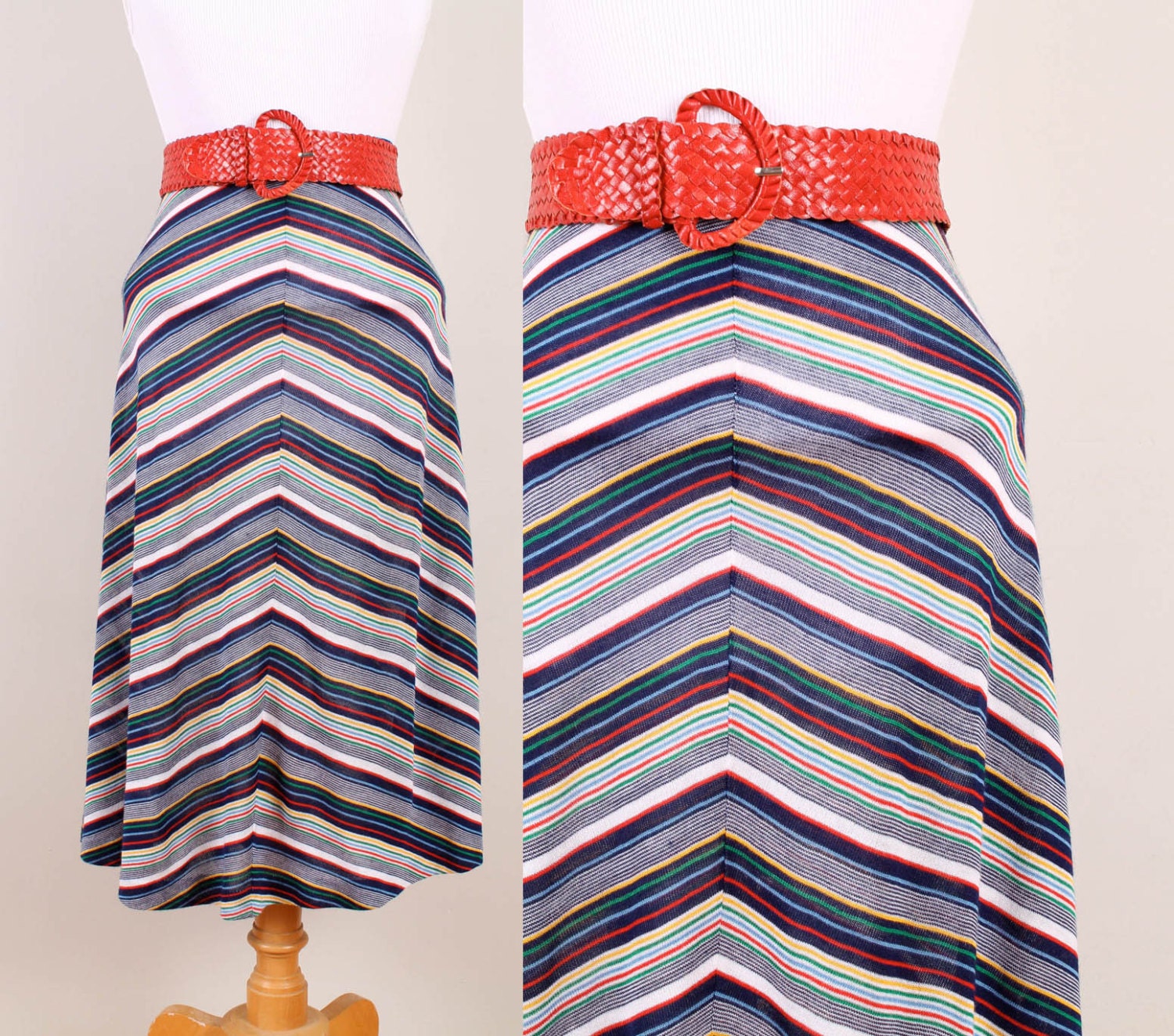 1970s Chevron Striped Skirt - Womens XS / S - Knit A Line 70s Stripes White Navy Blue Yellow Red Green Sky Blue Acrylic Below the Knee ALine