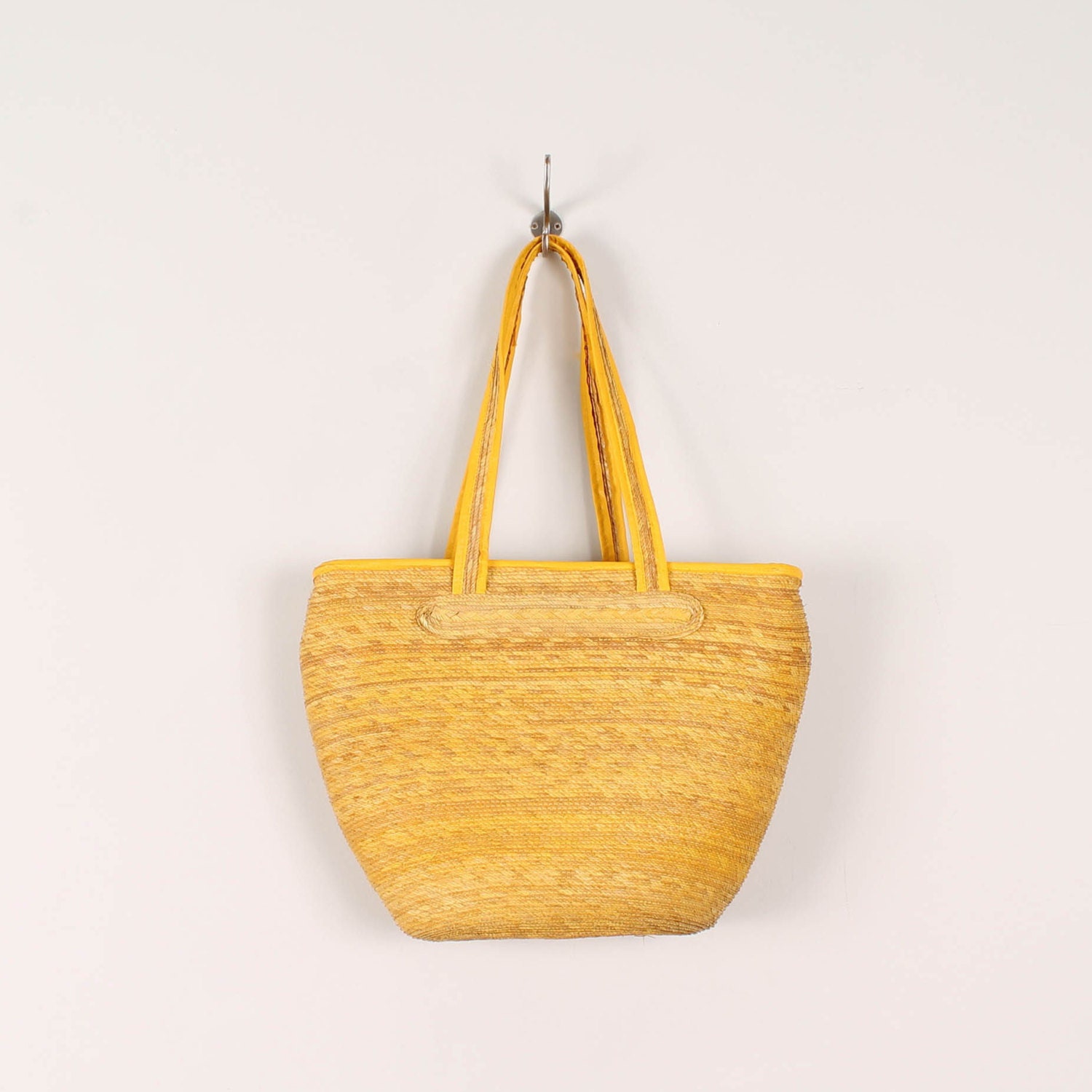 60s / 70s Straw Tote Bag / Bright Yellow Woven Jute Carryall / Beach Tote w/ Faux Leather Trim 1960s 1970s Large Summer Totebag