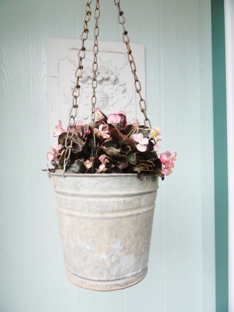 Vintage Industrial Bucket Hanging Planter Spring Garden Galvanized Rustic Country Basket