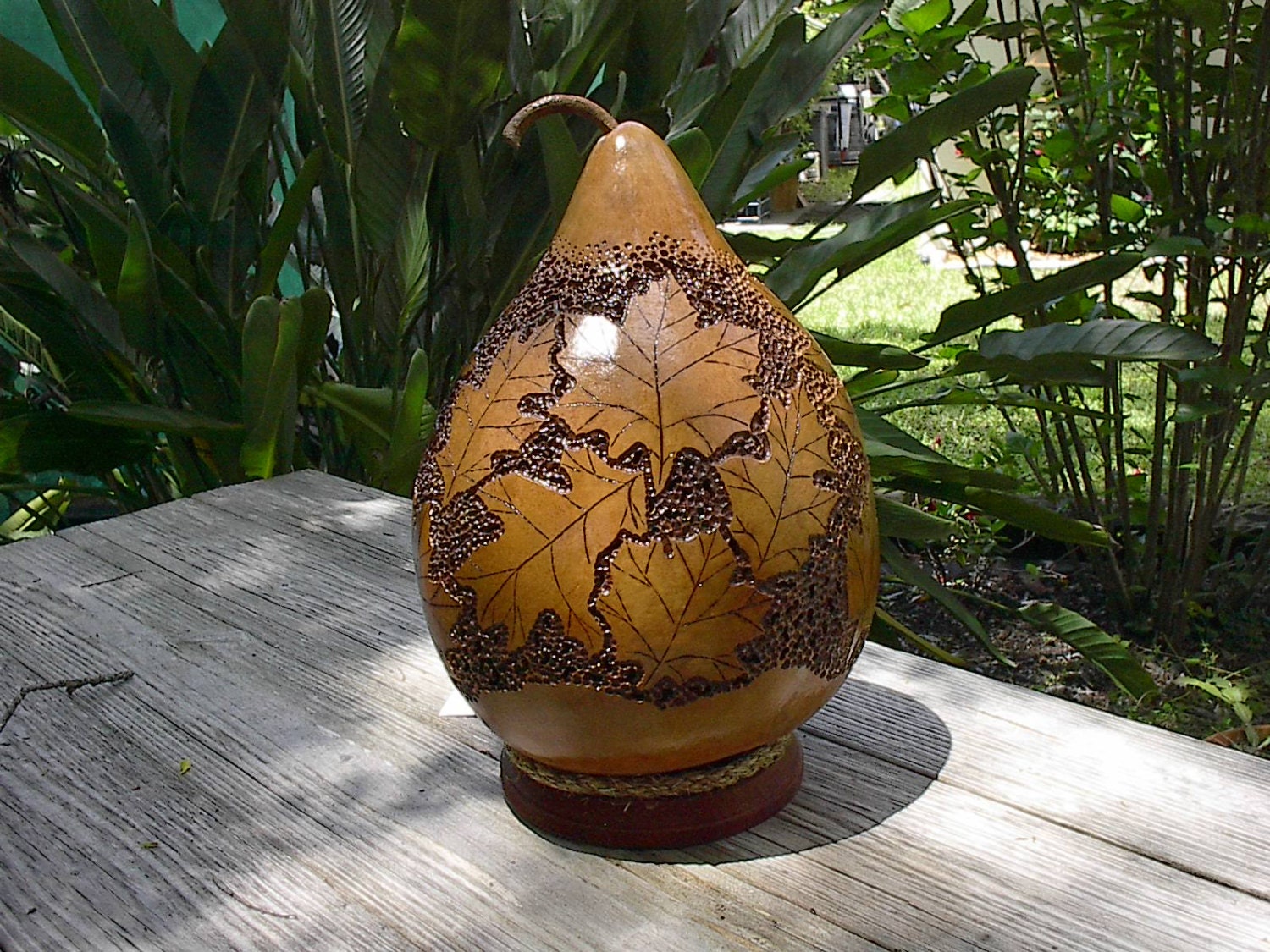 Woodburned Carved Fall Leaves Gourd Lamp Art