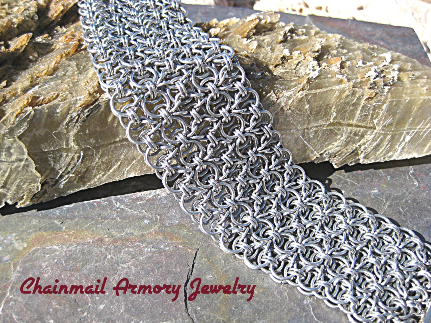Bracelet - Chainmail - Helm's Weave Cuff Bright Aluminum - Silver