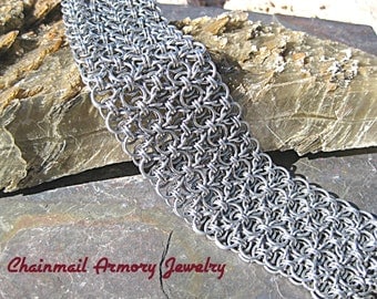 Bracelet - Chainmail - Helm's Weave Cuff Bright Aluminum - Silver