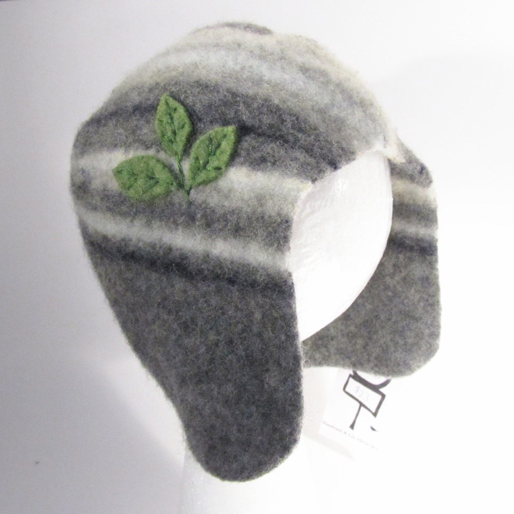 Felted Lambswool Baby Hat- Gray Stripes with Green Leaves, size 3 to 6 months