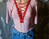 tie front red white striped blouse