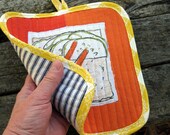 Upcycled Fabric Pot Holder in Orange, Made from 70s Cucumber Sandwich Towel