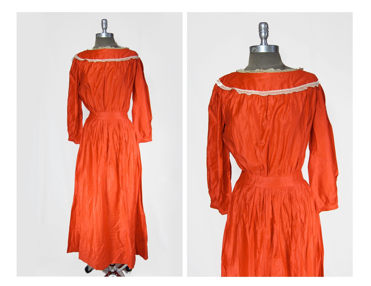 1940's Red Cotton Silk Maxi Prairie Dress with Ivory Lace Trim Pleated, medium
