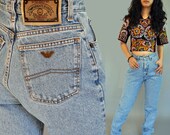 80s vintage high waisted jeans / GIORGIO ARMANI Vintage Jeans / Faded Denim Jeans / 80s Blue Jeans Slim Fit & skinny taper leg / 26 Waist
