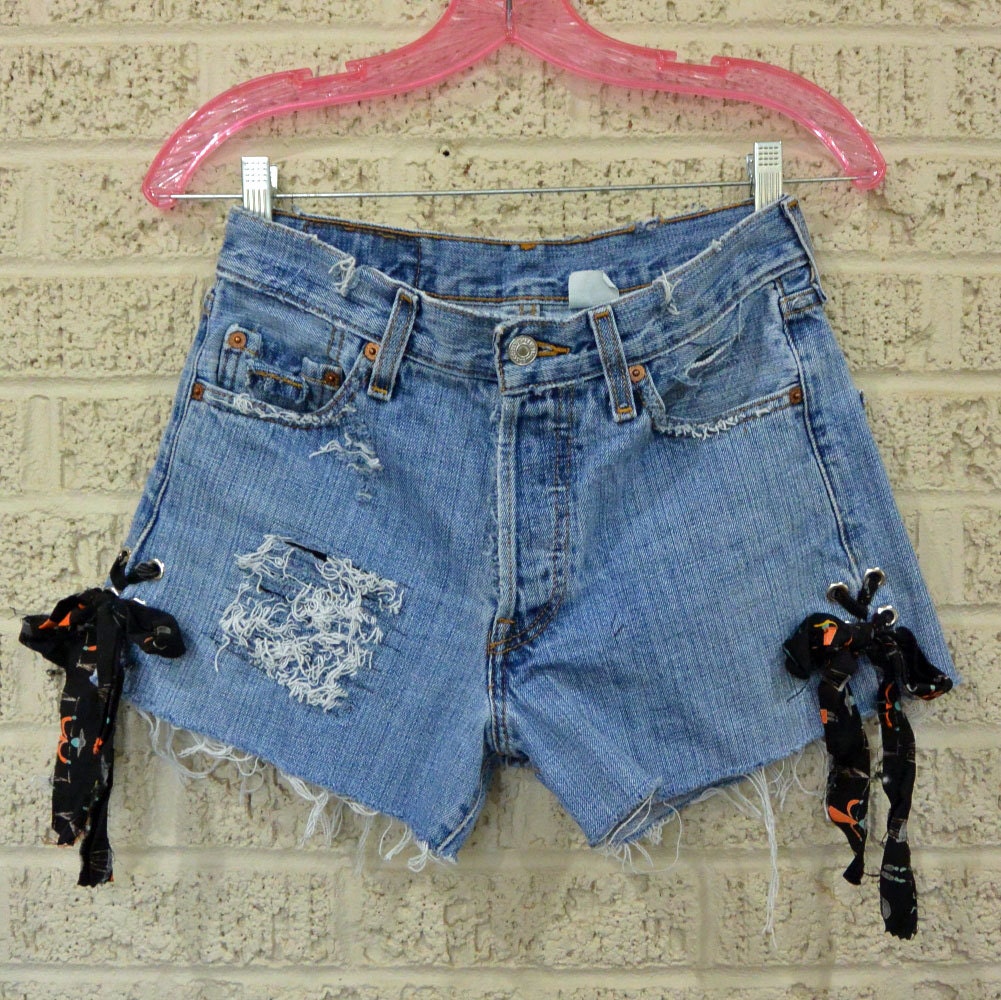 destoyed & frayed UPCYCLED Denim SHORTS / Side Lace Up Levi 501 cutoff shorts / custom patched denim cutoffs Size 28 Waist