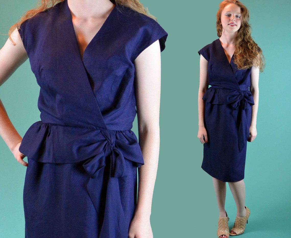 Vintage 50s Chiffon Wiggle Dress / 1950s Sheer Party Dress Sleeveless Nipped Waist Peplum Dress / Deep V Navy Blue Dress S / M