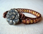 Chan Luu Style Bracelet, Beaded Leather Wrap Bracelet, Brown Leather Wrap, Pink Bracelet, Flower Button, Czech Glass Beads
