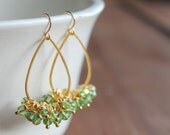 Limeira Gold Teardrop Earrings with Peridot Green Glass Wrapped Dangles - Carnival St Patricks Day Spring Earrings