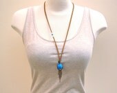 SALE - Cerulean Fringe - Long Copper Leather Necklace with Blue Peruvian Bead