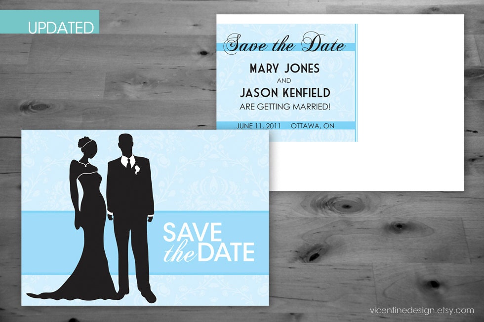 UPDATED - Save the Date - Custom, Personalized 5x7 Postcard - Bride and Groom Silhouette with Damask Background