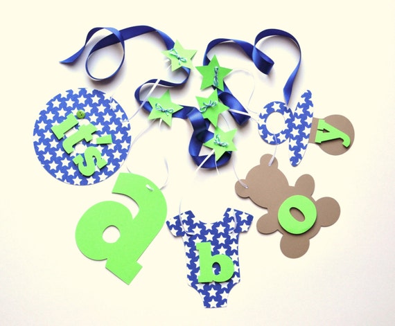 Baby shower banner decorations blue and green it's a boy banner by ParkersPrints on Etsy Il_570xn