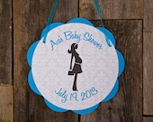 Baby Shower Door Sign - Baby Shower Decorations - Welcome Sign in Aqua Blue & Black Damask