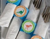 Dinosaur Birthday Party - Napkin Rings - Silverware Wraps - Dinosaur Decorations in Green & Blue (12)