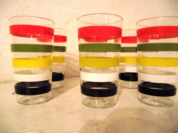 Striped Juice glasses, mid century striped glasses, set of six