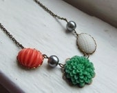 Coral and Green Necklace. Vintage Inspired Necklace. Gray. Flower Necklace. Bridesmaid Jewelry. Beaded Necklace. Statment Necklace