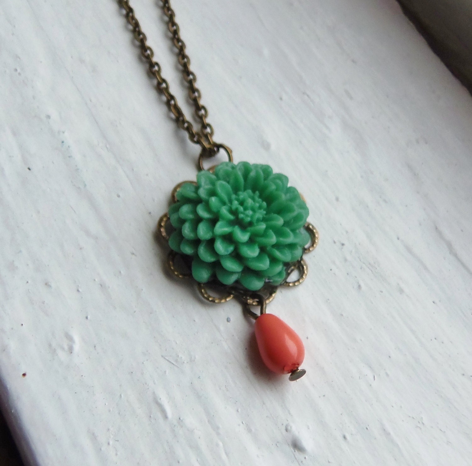 Green Flower Necklace. Green and Coral. Coral Necklace. Kelly Green. Statement Necklace. Bridesmaid Necklace. Vintage Inspired. Bridal