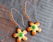 SALE SALE Hippie Chic Earrings Enameled Tangerine Orange Yellow Green with Carnelian on Sterling Silver