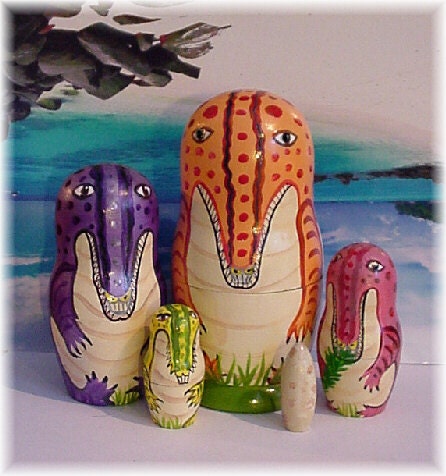 Dinosaurs Family Mom Dad Kids Egg Wooden Dolls 5pcs Waldorf toys