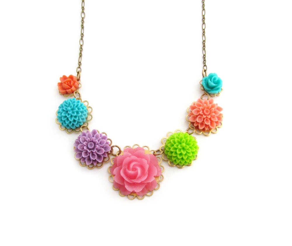 Bright Flower Necklace Pink Rose Necklace Garden Wedding Cottage Chic Statement Necklace Turquoise Flowers Coral Purple - May Day