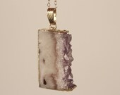 Purple Amethyst Geode Slice Necklace on 14kt Gold Filled Chain, Crystal Drusy Stone Pendant, Unique Geometric Shape, Cream, White