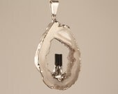 Long Drusy Agate and Black Stalacite Quartz Necklace on Sterling Silver Chain, White and Cream Crystal Drusy Stone, Geode Slice Pendant