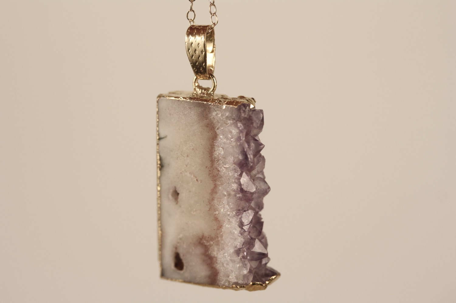 Purple Amethyst Geode Slice Necklace on 14kt Gold Filled Chain, Crystal Drusy Stone Pendant, Unique Geometric Shape, Cream, White