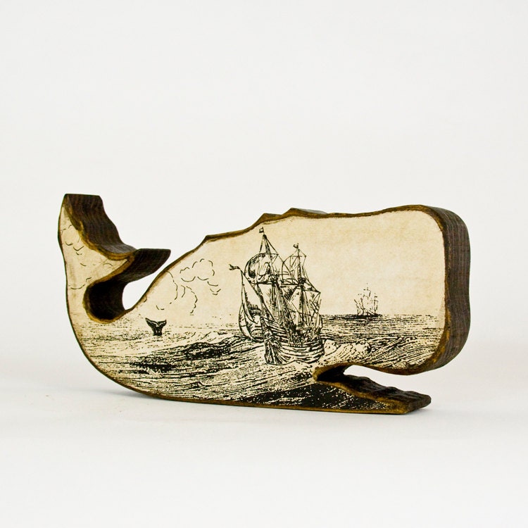 Rustic Wooden Whale with Seafaring Image