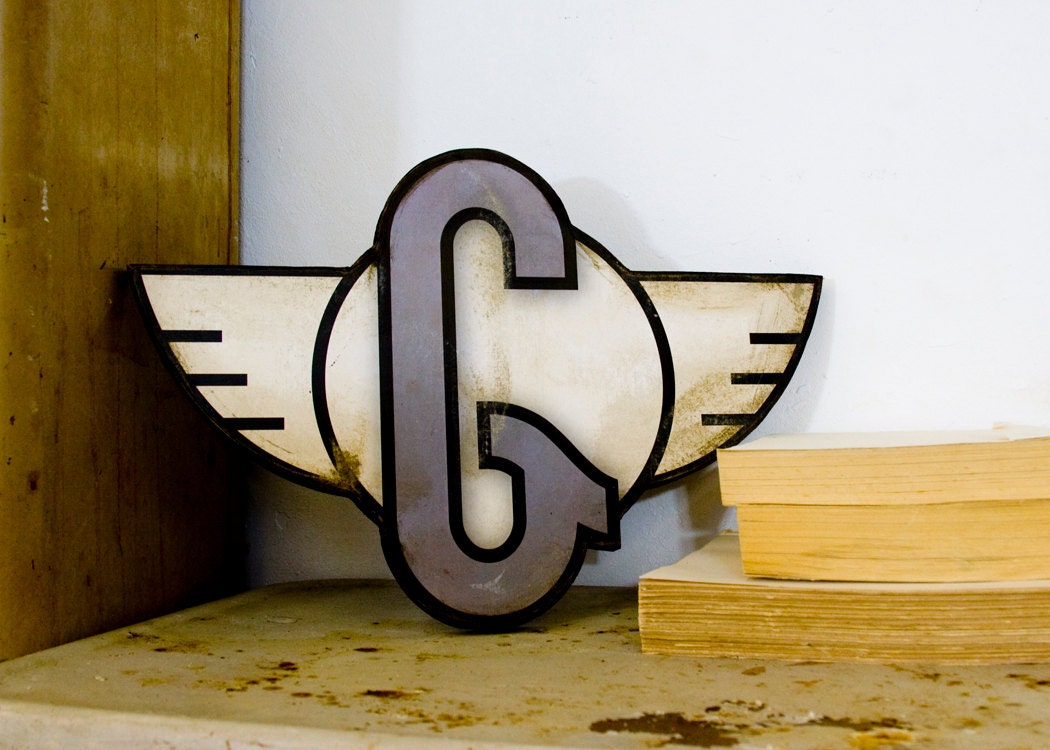Art Deco Inspired Letter with Wings Gray Letter G with White Wings