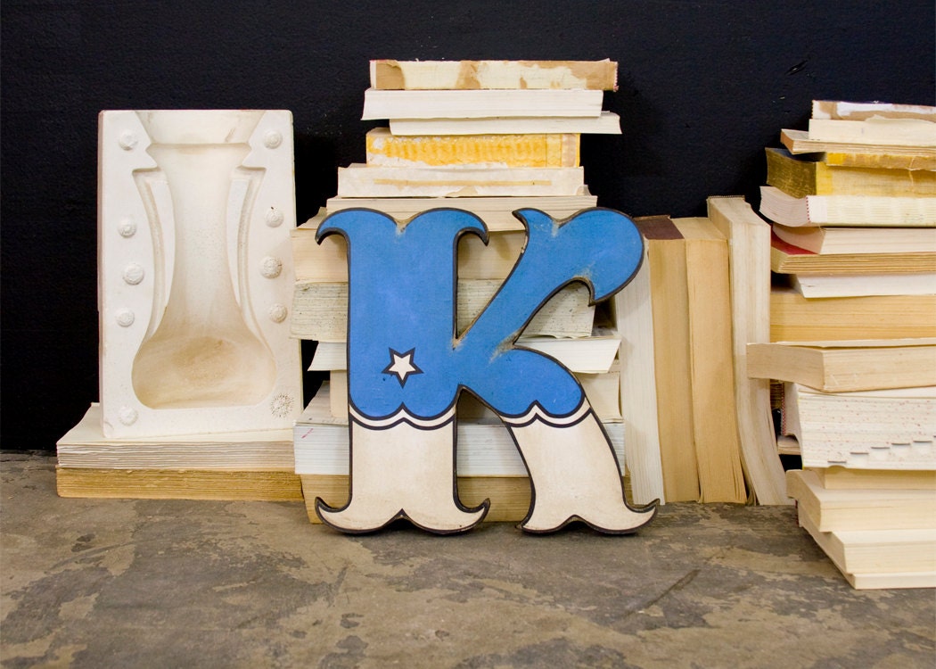 Blue and White Carnival Style Wood Letter K